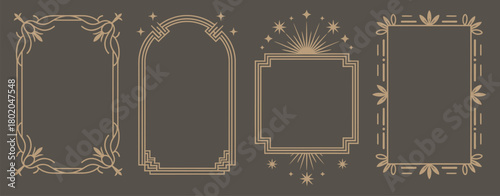 a set of four refined golden art deco frames decorated with moon, sun, celestial elements, and delicate floral motifs, illustrated in thin line style on a dramatic dark background.