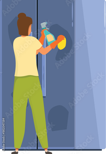 Professional cleaner washing refrigerator, cleaning service, housekeeping, hygiene and disinfection at home