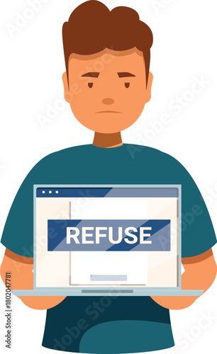 Unhappy man holding laptop displaying refuse message, experiencing access denied, rejection, or disapproval