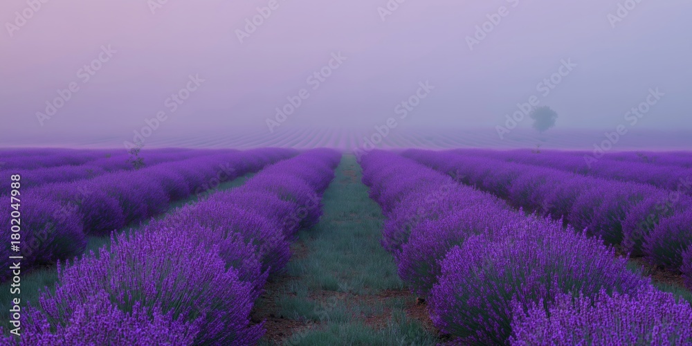 Obraz premium Lavender fields stretch into the horizon under a dreamy, hazy sky.