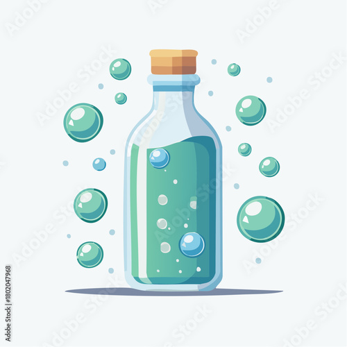 A transparent bottle filled with a vibrant green liquid and surrounded by floating bubbles, evoking a sense of freshness and purity