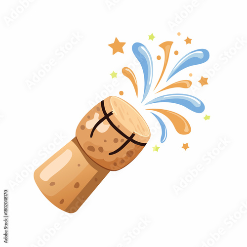 Dynamic illustration of a champagne cork popping with a celebratory burst of sparkling liquid and vibrant stars, symbolizing joy, success, and festive occasions
