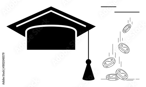 Graduation cap with tassel beside falling coins representing education costs, financial aid, or investments. Ideal for education funding, student loans, financial goals, higher education, career