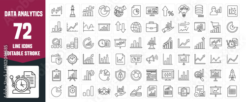 Financial Investment & Data Analytics Vector Icons with Editable Stroke: Trading, Business Strategy, and Report Visualization Set.