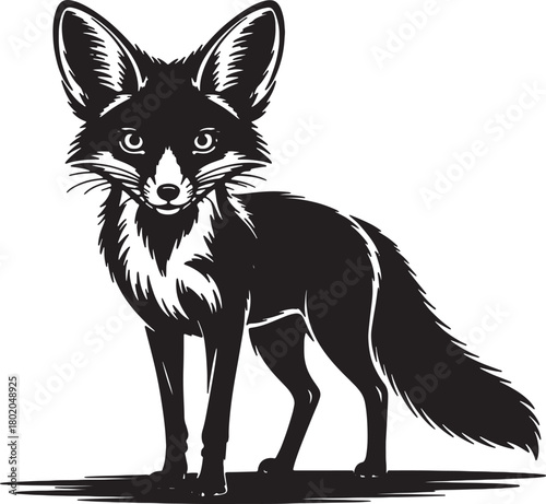 Stylized black and white illustration of a fox