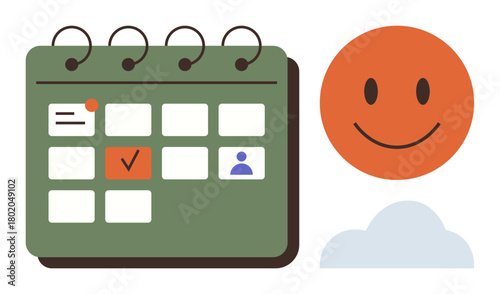 Calendar with marked events, cheerful orange happy face, and soft cloud highlighting themes thumbs up time management, scheduling, goal tracking, motivation, positivity, productivity. Ideal