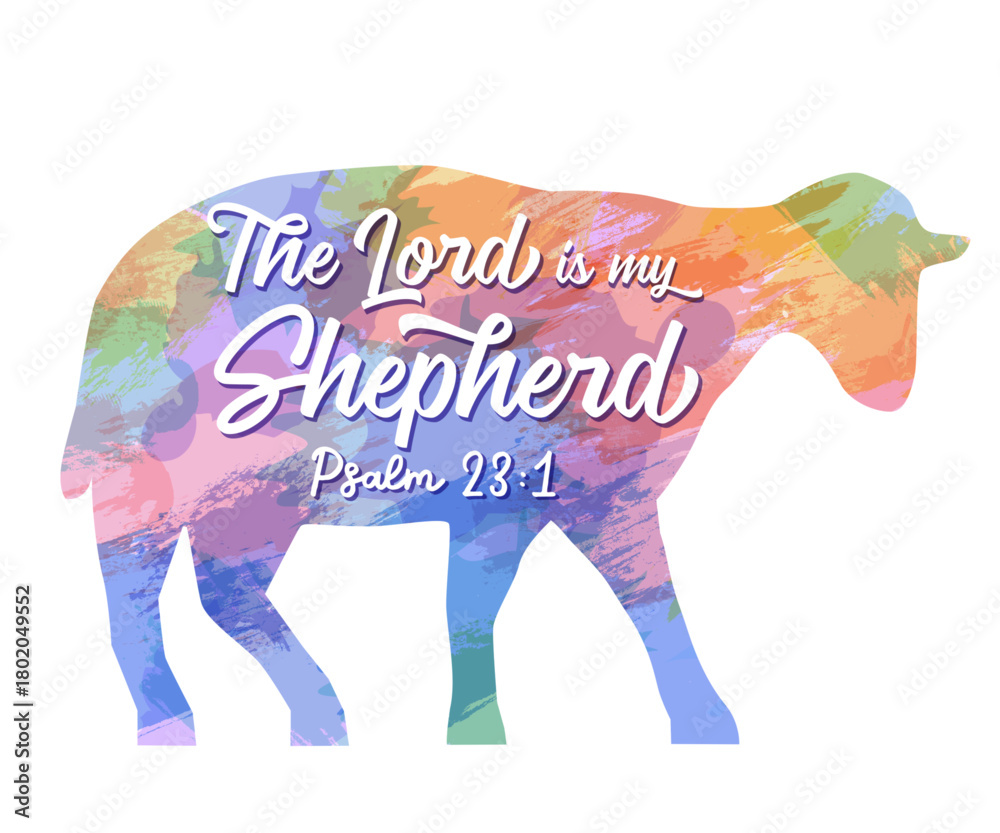 Naklejka premium The Lord is my shepherd, t-shirt design with watercolor sheep. Psalm 23:1, inspiration scripture for child merch or youth clothes. Vector illustration