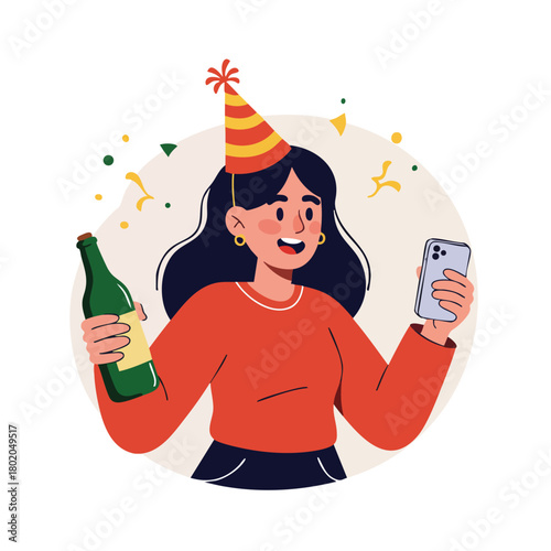 Celebration vector illustration featuring woman in party hat holding a drink and smartphone in joyful atmosphere 