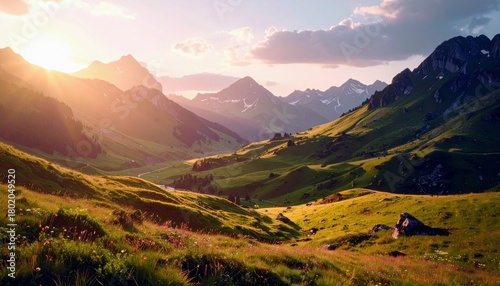 A serene mountain landscape bathed in the warm glow of sunset, with vibrant green hills and dramatic peaks.