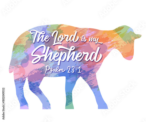 The Lord is my shepherd, t-shirt design with watercolor sheep. Psalm 23:1, inspiration scripture for child merch or youth clothes. Vector illustration