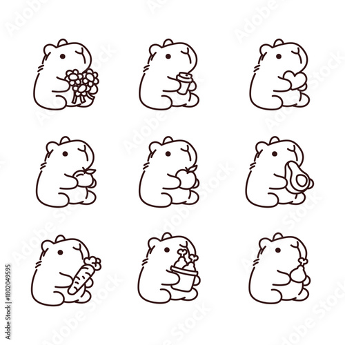 Hand-Drawn Capybara Line Art Icon Set – Cute Animal Vector Illustrations for Stickers, Merch and Kawaii Designs