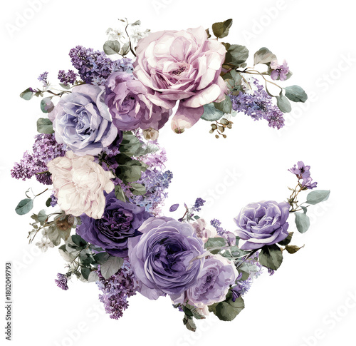 A floral wreath in various shades of purple, lavender, and cream, set against a black backdrop