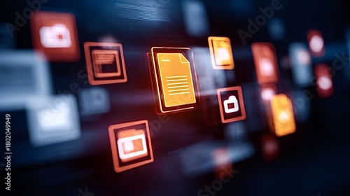 Digital files, documents, and folders moving electronically through an abstract dark network space, representing data transfer, cloud computing, and information management concepts