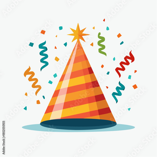 A festive striped party hat with a star, surrounded by colorful confetti and streamers for a birthday celebration. Isolated vector illustration concept