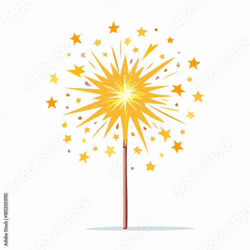 A vibrant illustration of a lit sparkler casting brilliant golden light and sparkling stars, perfect for festive celebrations, joyful events, and magical holiday moments
