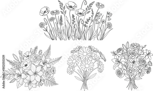 Art & IllustrationBlack and white floral bouquet line art illustration with roses, lilies, daisies, wildflowers, botanical sketch for coloring and design
