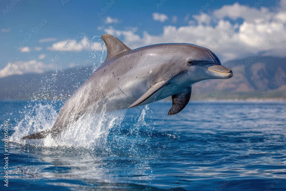 Naklejka premium Bottlenose dolphin leaps out of clear blue ocean water with mountains and clouds in the background in natural daylight showcasing its playful nature