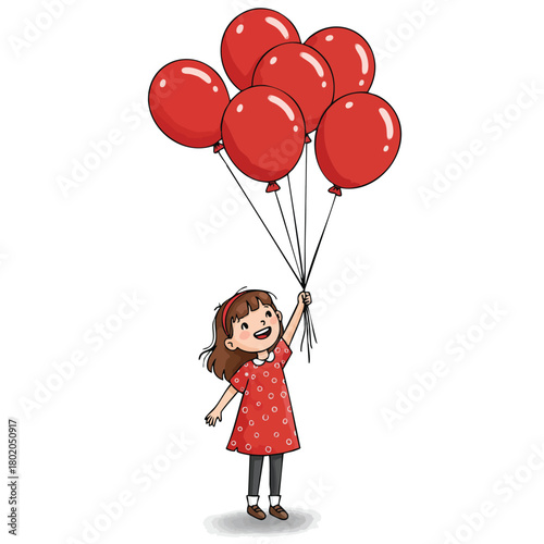 Girl holding red balloons in cheerful celebration of happiness and joy at a special occasion 