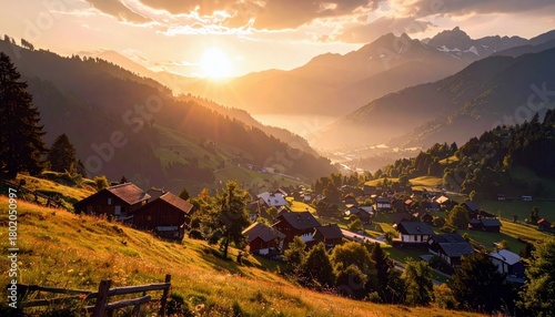 Fototapeta Naklejka Na Ścianę i Meble -  A serene alpine village bathed in the warm glow of a sunset, with rolling hills, green trees, and distant mountains creating a breathtaking landscape.