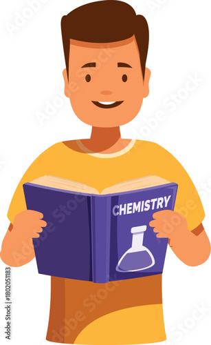 Smiling student is learning new chemistry concepts from textbook, enjoying studying process and gaining knowledge