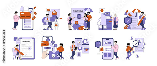 Financial and Insurance Vector Illustrations with Actions