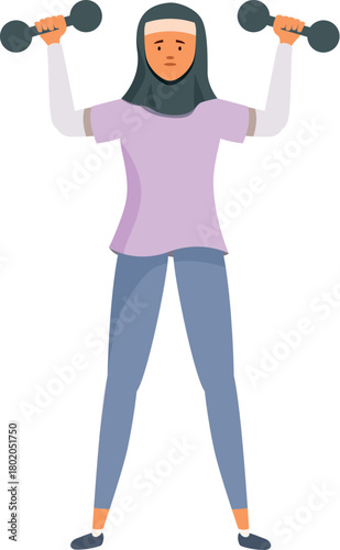 Young muslim woman is lifting weights, showcasing the importance of health and fitness within her community