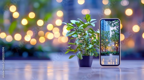 Fototapeta Naklejka Na Ścianę i Meble -  A smartphone displays a vibrant cityscape with trees and illuminated lights, placed beside a small potted plant.