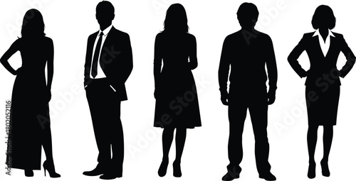 Flat vector silhouettes of diverse individuals in various outfits, standing side by side, fashion styles, business, casual, professional, unity