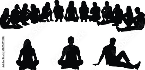 Flat vector silhouettes of people in group discussion, seated in semi-circle, teamwork, meeting, communication, leadership, community, black figures