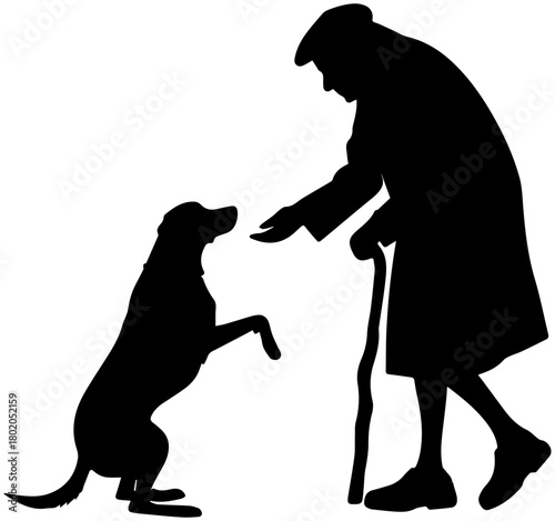 Senior with Cane Training Dog – Silhouette Vector Scene