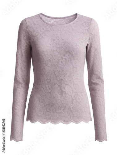 Soft lavender long sleeve lace top with a scalloped hem.