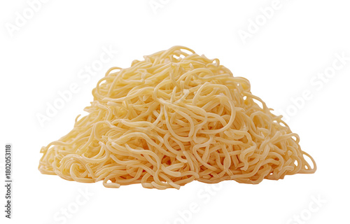 A pile of cooked, golden-yellow spaghetti, artfully arranged against a stark black background