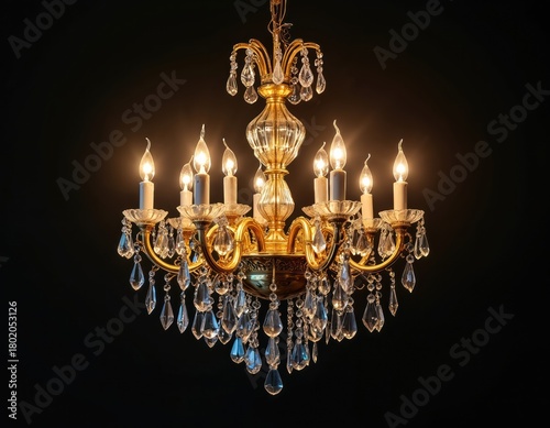 Antique golden chandelier with clear crystal drops. Multiple bulbs cast warm light against dark background. Elegant vintage decor illuminates room, adds luxury.