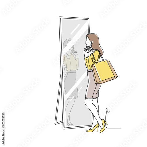 woman checking her appearance in a full-length mirror for fashion blogs, retail advertisements, personal styling services, and confidence building articles