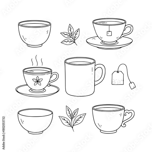 tea cups variation with tea bag element hand drawn doodles vector