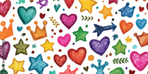 カラフルな手描きのハート、星、王冠のパターン。子供のイラスト、テクスチャ、背景。