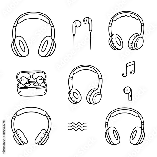 headphones, wired earbuds, wireless earbuds, foldable headphones element hand drawn doodles vector design