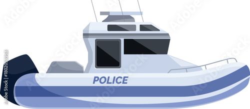 Police patrol boat speeding on water, ensuring safety and security of coastal areas