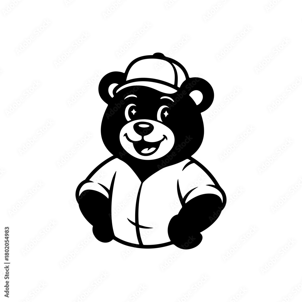 Obraz premium A cheerful black and white cartoon mascot of a bear wearing a baseball cap. The bear is smiling, gesturing with a raised thumb or hand on its hip. Ideal for sports or worker themes.