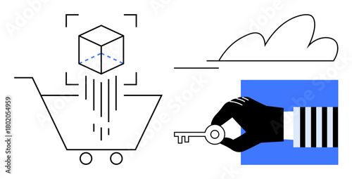 Shopping cart capturing a virtual 3D cube, hand holding key for access, minimal cloud. Ideal for innovation, e-commerce, cloud technology, security, digital transformation, accessibility simple flat