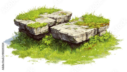Artistic depiction of weathered, layered rocks partially covered in grass and vegetation