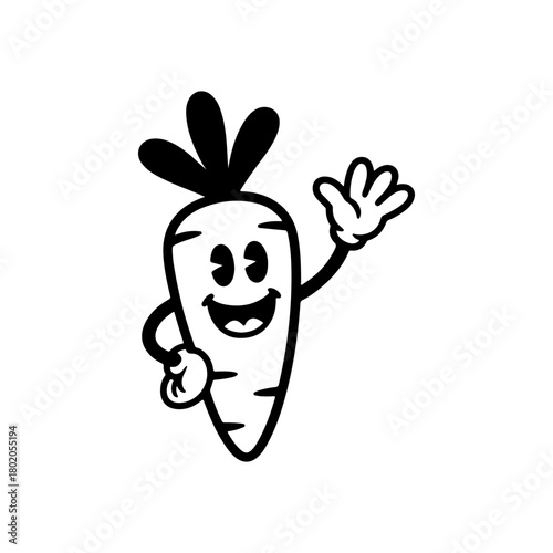 A black and white cartoon mascot of a cheerful carrot waving hello. The character features a big smile, gloves,  in a classic retro animation style.