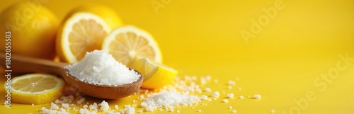 Citric acid crystals in wooden spoon next to lemon halves and whole lemons on yellow surface. Acid substance used for cooking cleaning and cosmetic purposes.
