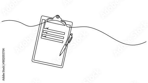 Continuous one line drawing of clipboard and pen design. clipboard with Good Marks with pass direction with tick mark. Single line drawing checklist clipboard and pen. Editable Stroke