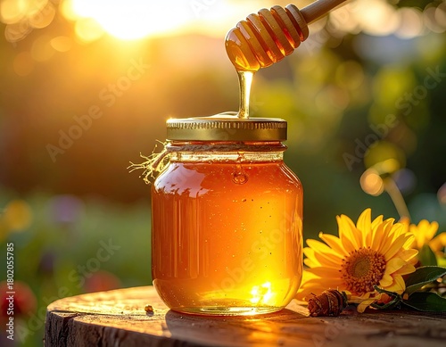 Golden Honey in Glass Jar with Wooden Dipper Drizzling Syrup on Tree Stump with Yellow Flower Sunny Bokeh Background