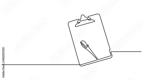 Continuous one line drawing of clipboard and pen design. clipboard with Good Marks with pass direction with tick mark. Single line drawing checklist clipboard and pen. Editable Stroke