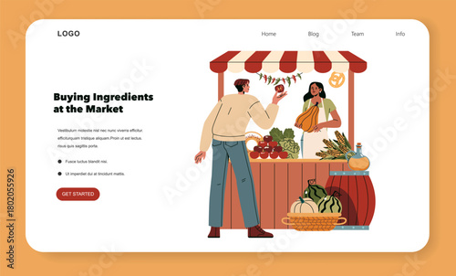 Buying Fresh Produce at a Market Stall Vector Illustration
