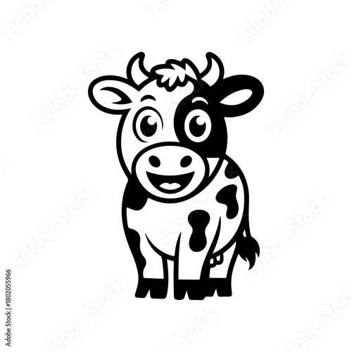 A black and white cartoon mascot of a spotted dairy cow standing and smiling. The character is in a simple, friendly style, ideal for milk or farm related businesses.