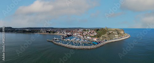 Aerial photo of Scarborough North Yorkshire UK.It is located on the North Sea coastline. Historically in the North Riding of Yorkshire, the town lies between 10 and 230 feet (3–70 m) above sea level, 