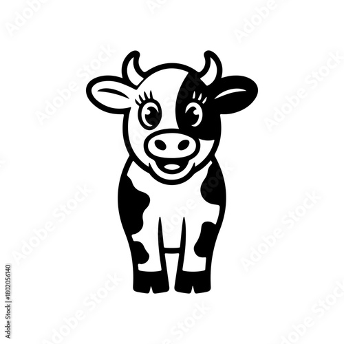 A black and white cartoon mascot of a spotted dairy cow standing and smiling. The character is in a simple, friendly style, ideal for milk or farm related businesses.